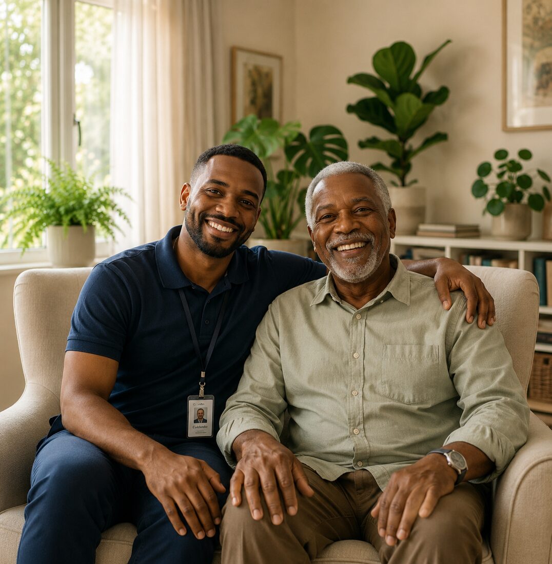 Cuidador e idoso sorrindo juntos